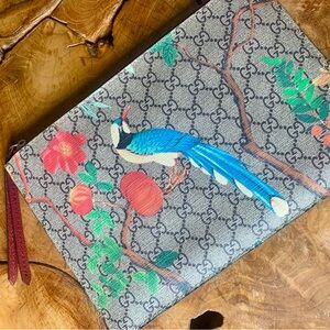 Multicolor clutch bird neutral grey blue red bag handbag strap leather burgundy
